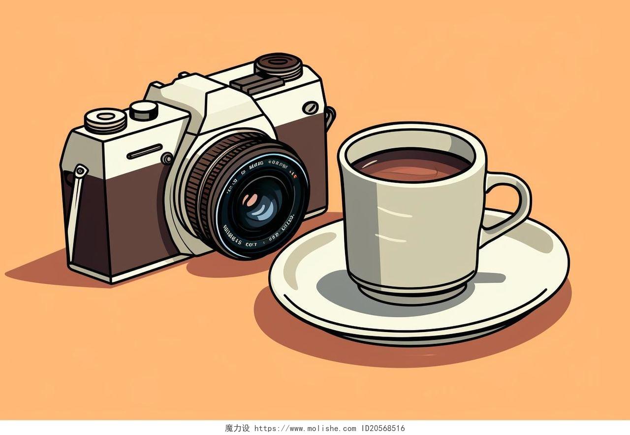 相机和咖啡卡通AI插画